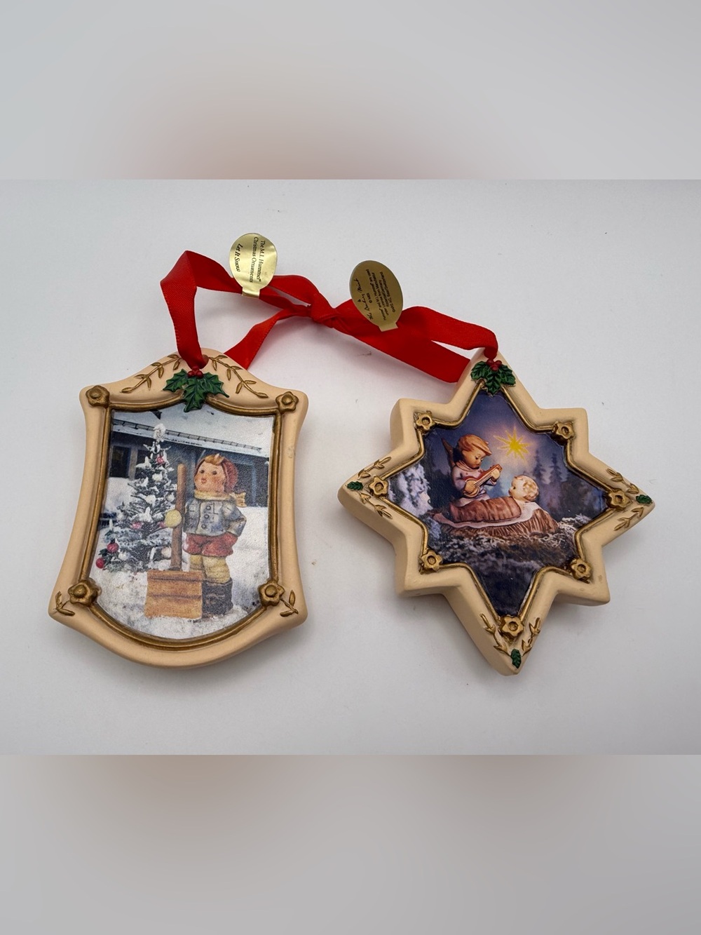 M.I. Hummel Cream Frame Holiday Ornaments with Red Ribbon - Set of 2